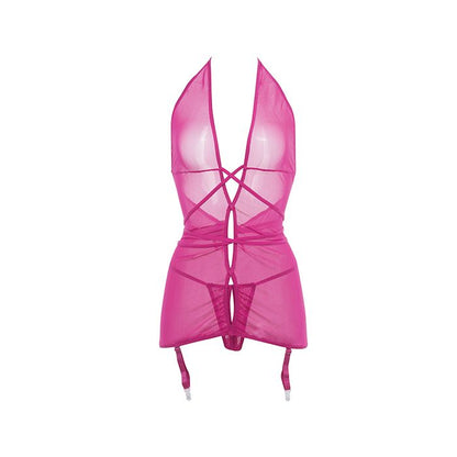 Allure Savannah Sheer Mesh Garter Dress & Open Thong Hot Pink L/XL