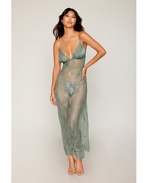 Satin & Lace Long Chemise & G-String - Sage Green XL
